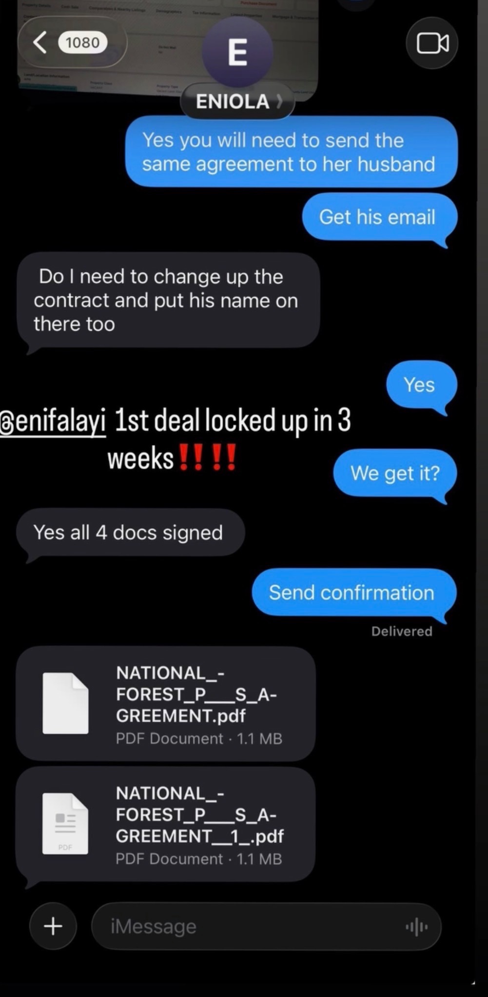 Student text message 1 — deal locked up or closed