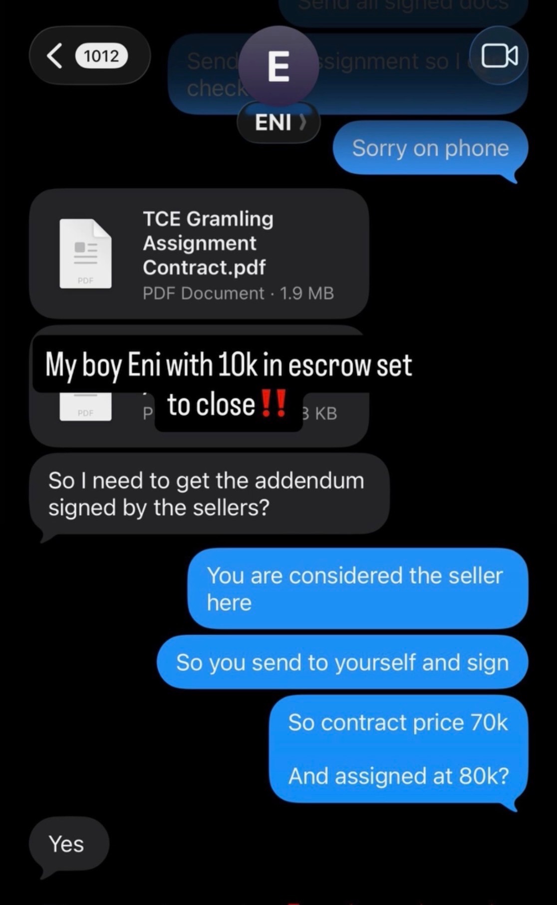 Student text message 4 — deal locked up or closed