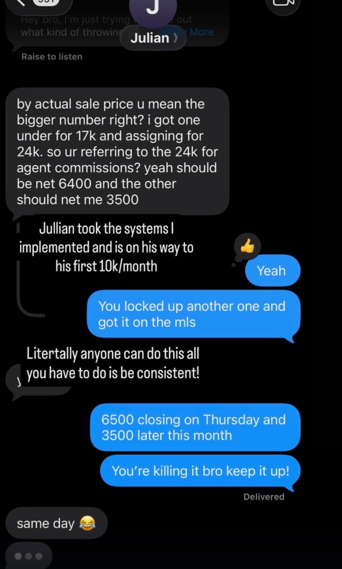 Student text message 5 — deal locked up or closed